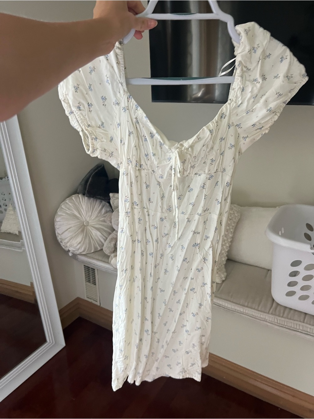 Divided Cream Floral Short Sleeve Chemise with Blue Print
